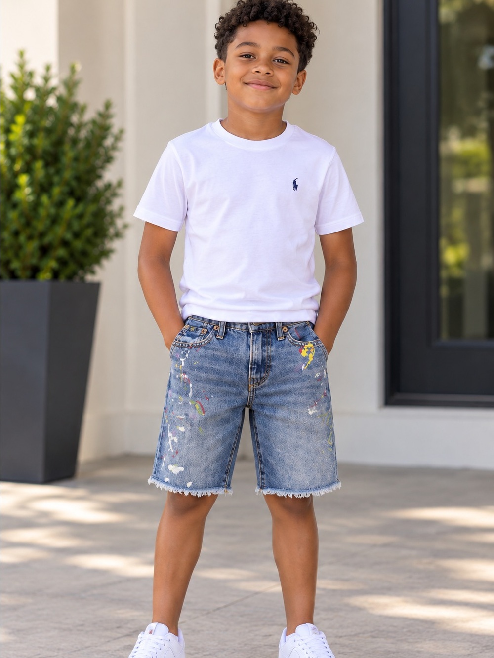 Polo Ralph Lauren Boys Blue Denim Shorts Paint Splatter Cotton Zip Size 10